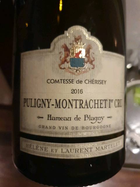 Martelet de Cherisey, Puligny-Montrachet 1er Cru 'Hameau de Blagny' 2016 bottle — my own photo, 2020.01