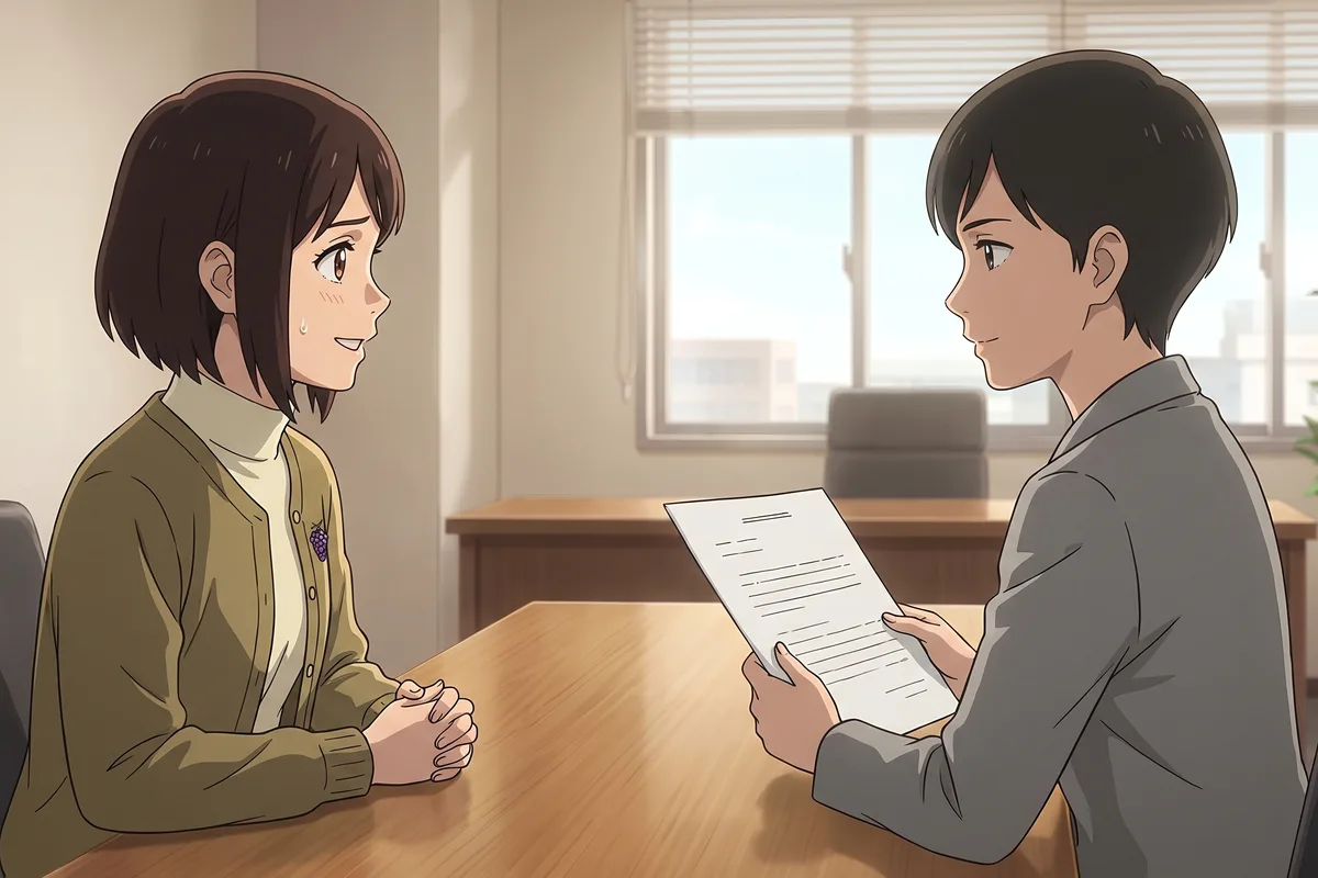 Haru — Monday afternoon in the meeting room: while her team leader (short hair, grey jacket) turns the pages, Haru sits with her hands folded in her lap.