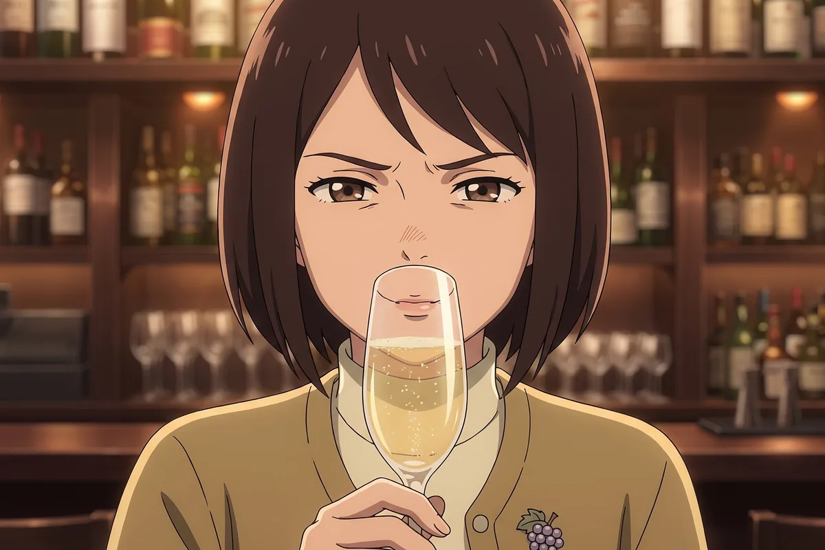 Haru — Three flutes. On the second sip, the bubbles tickling her nose stop Haru short.