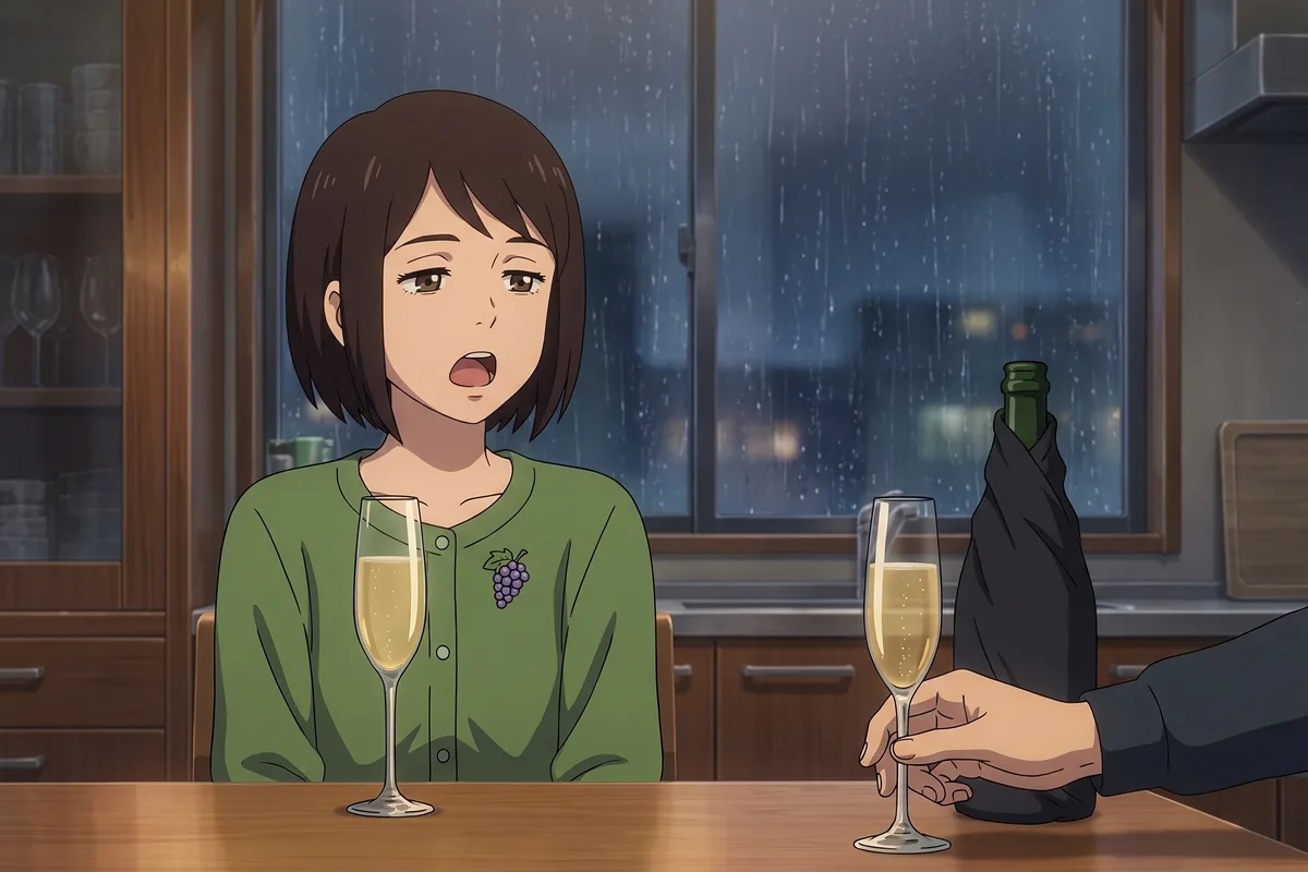Haru — Late autumn at twenty-one, a cold rainy evening. Father pushes his glass away; Haru rubs her nose and stifles a yawn.