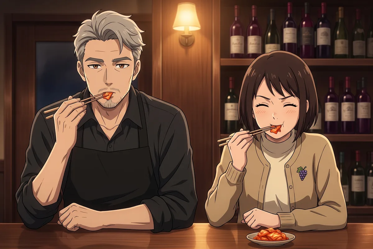 하루 — 마감 후, 남은 잔 옆에 김치 한 조각. 마스터 서와 하루가 동시에 입을 오므렸다.
