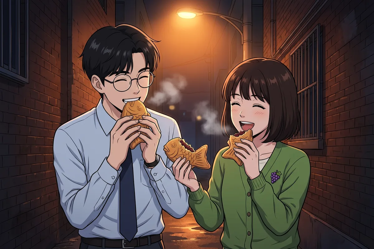 하루 — 월요일 저녁 골목 가로등 아래, 붕어빵 하나를 반으로 갈라 민재는 머리를, 하루는 꼬리를 물었다.