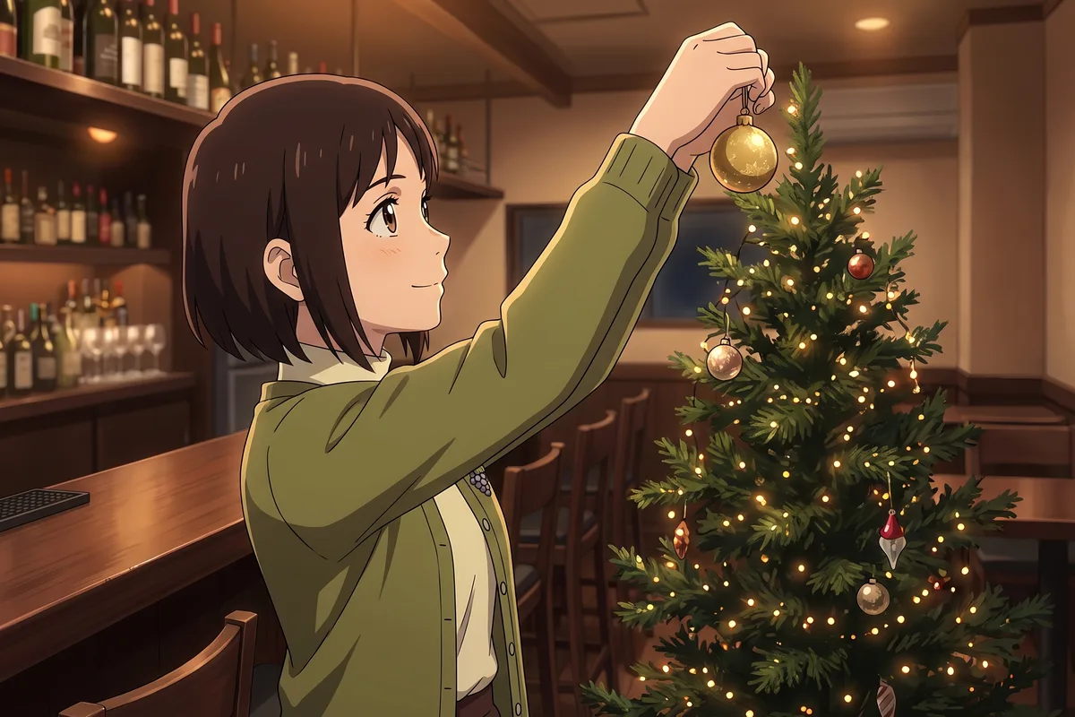 Haru — An hour before opening, Haru stands on tiptoe to hang a gold bauble on the tree's top branch.