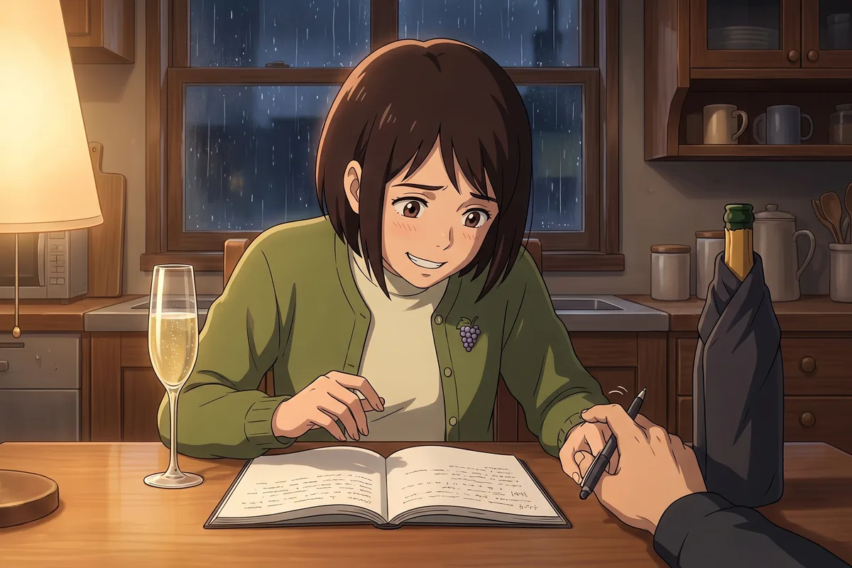 Haru — Late autumn at twenty-one, a cold rainy evening. As Haru tries to peek at the notebook, the tip of Father's pen taps the back of her hand.