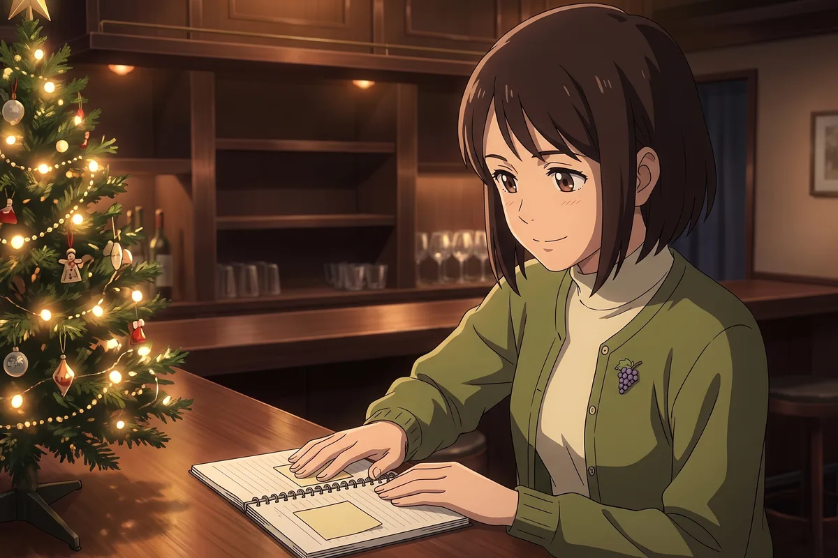 Haru — After closing, at the counter beside the tree, Haru sticks a Post-it into her notebook and presses it down with her palm.