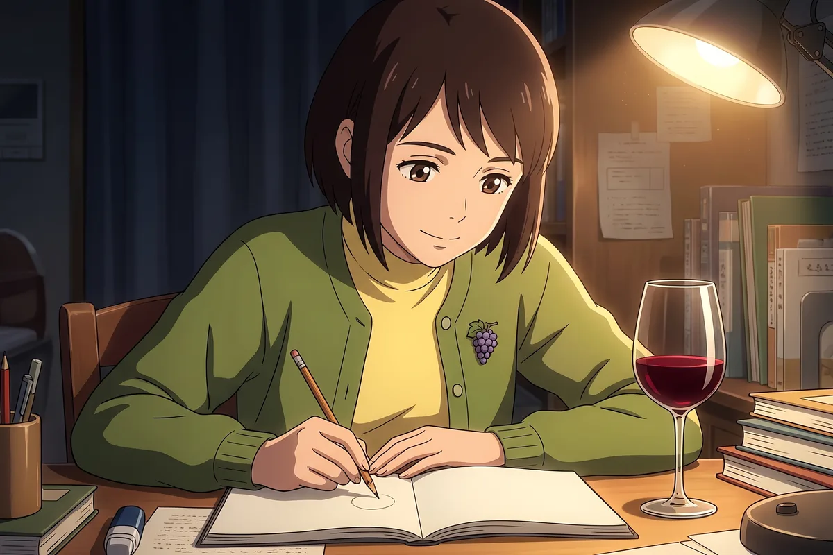 Haru — At night the re-poured glass has rounded out since the afternoon, and Haru draws one small circle in her notebook.