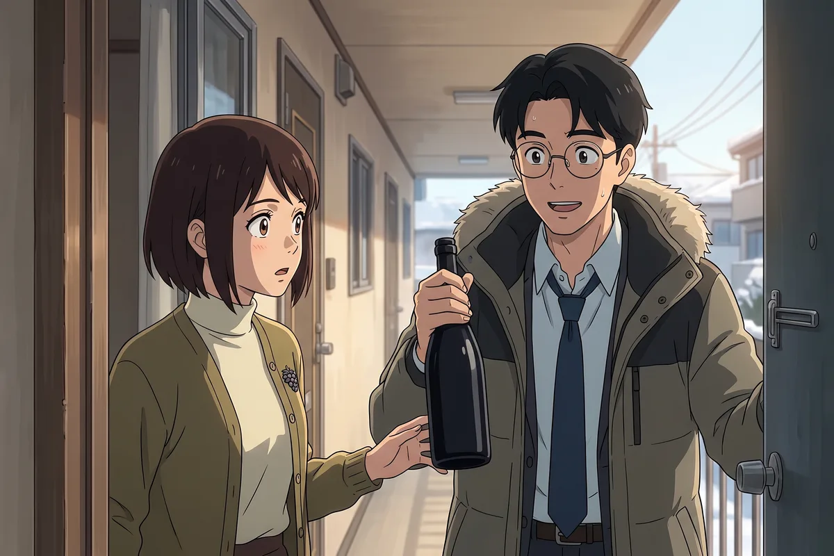 Haru — Sunday lunch at the front door: out of breath, Minjae holds out a bottle of Nouveau, and Haru's eyes go round.