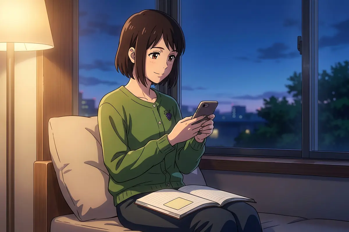 Haru — At dusk, her notebook with its Post-it on her lap, Haru smiles to herself as she texts Minjae back.