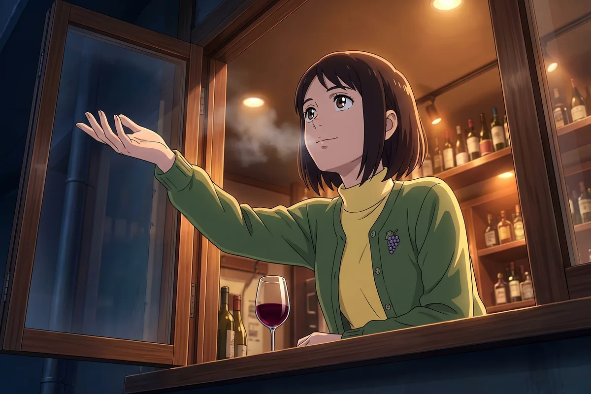 Haru — Tuesday night, first snow in the forecast: Haru holds her palm out of the bar window and looks up at the sky.