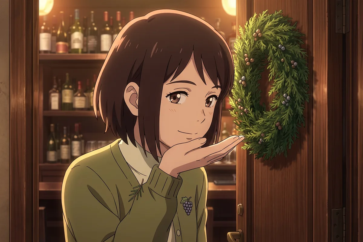 Haru — After hanging the wreath, Haru holds her resin-scented palm to her nose and sniffs.
