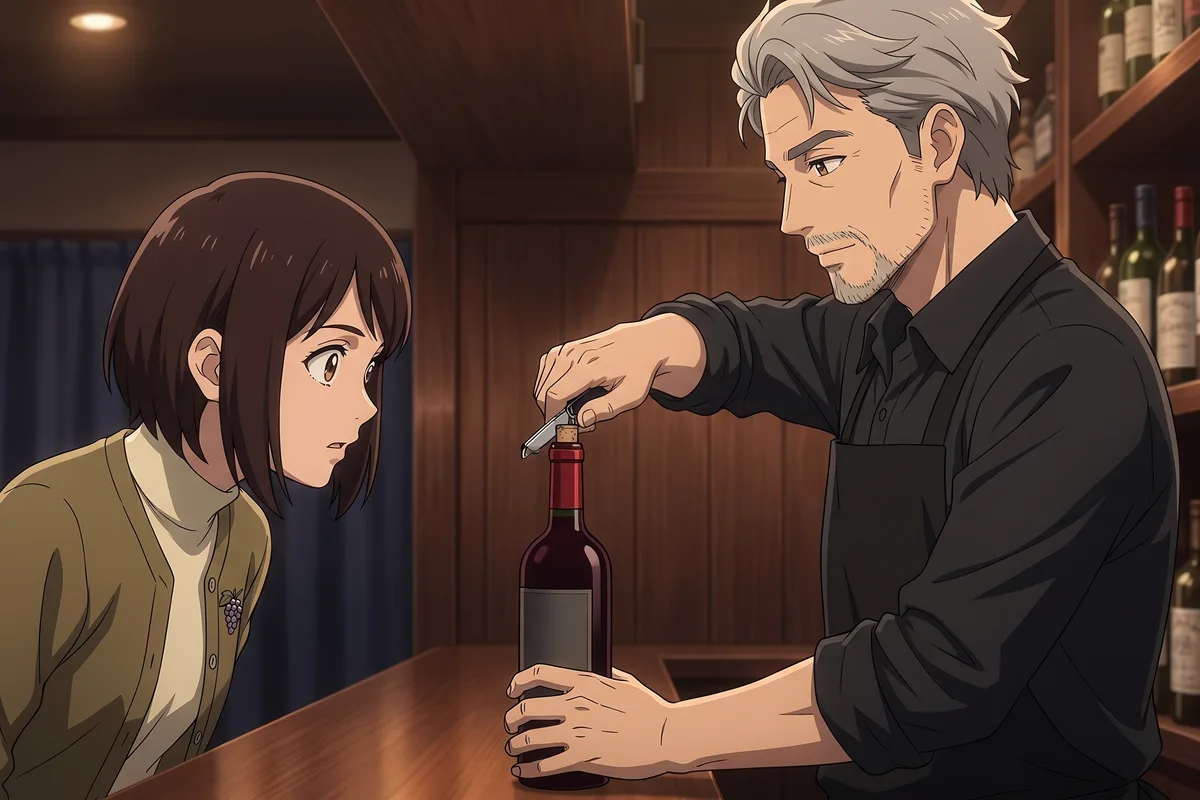 Haru — Master Seo hooks a waiter's knife on the bottle's lip and levers the cork up while Haru watches, holding her breath.