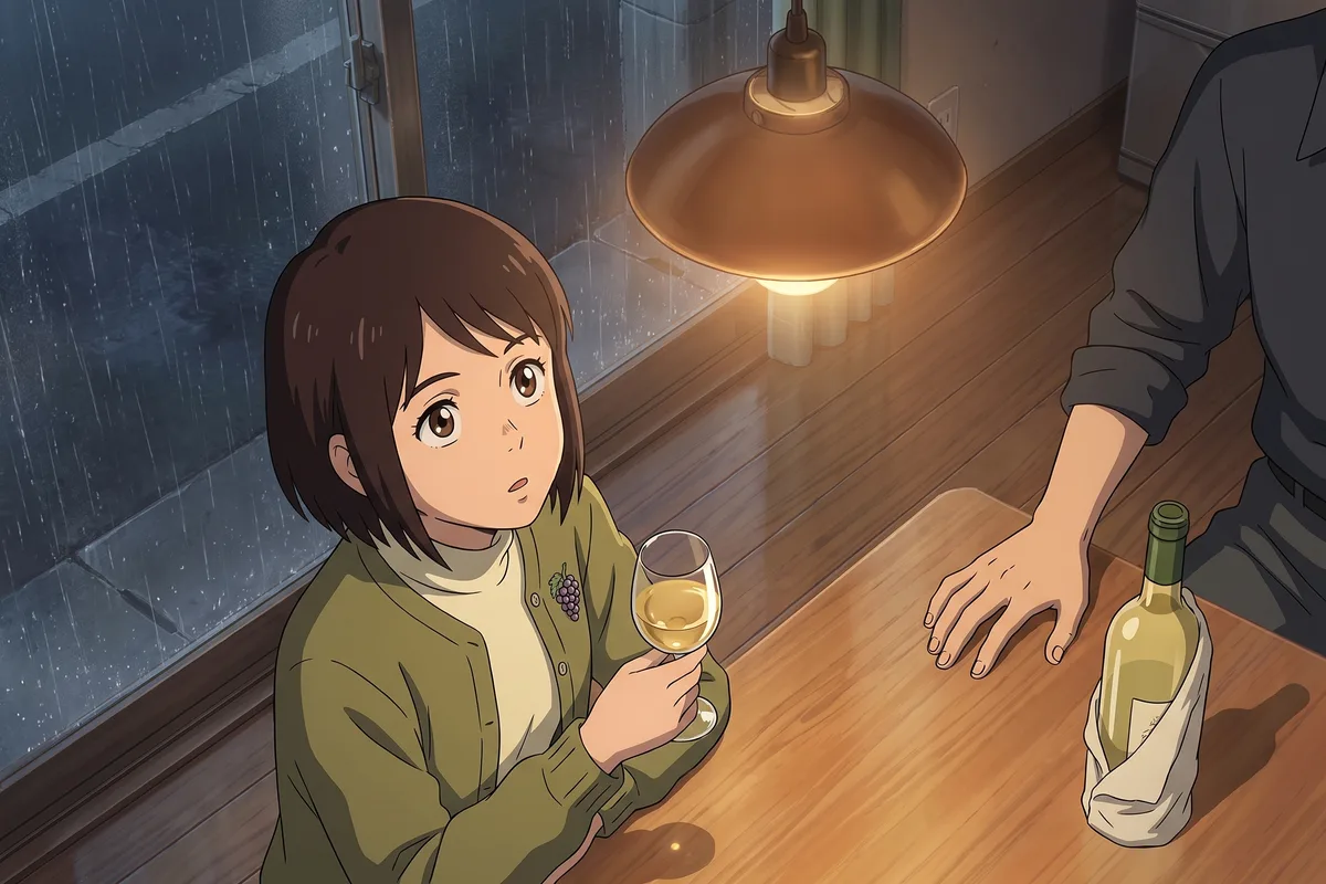 Haru — A rainy early-winter night at twenty-one: under the single table lamp, Haru takes the last glass of the night.