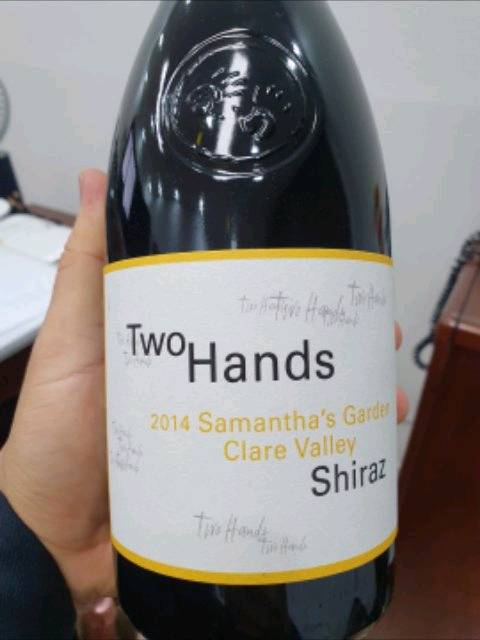 Two Hands Samantha's Garden Shiraz 2014 bottle — my own photo, November 2019