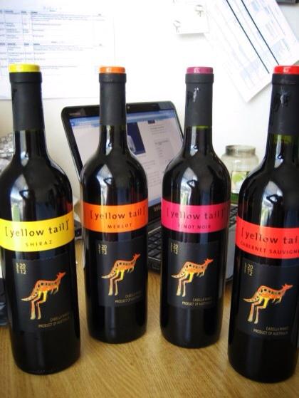 [yellow tail] Shiraz (far left) with Merlot, Pinot Noir and Cabernet Sauvignon, 2012 bottles — Wikimedia Commons